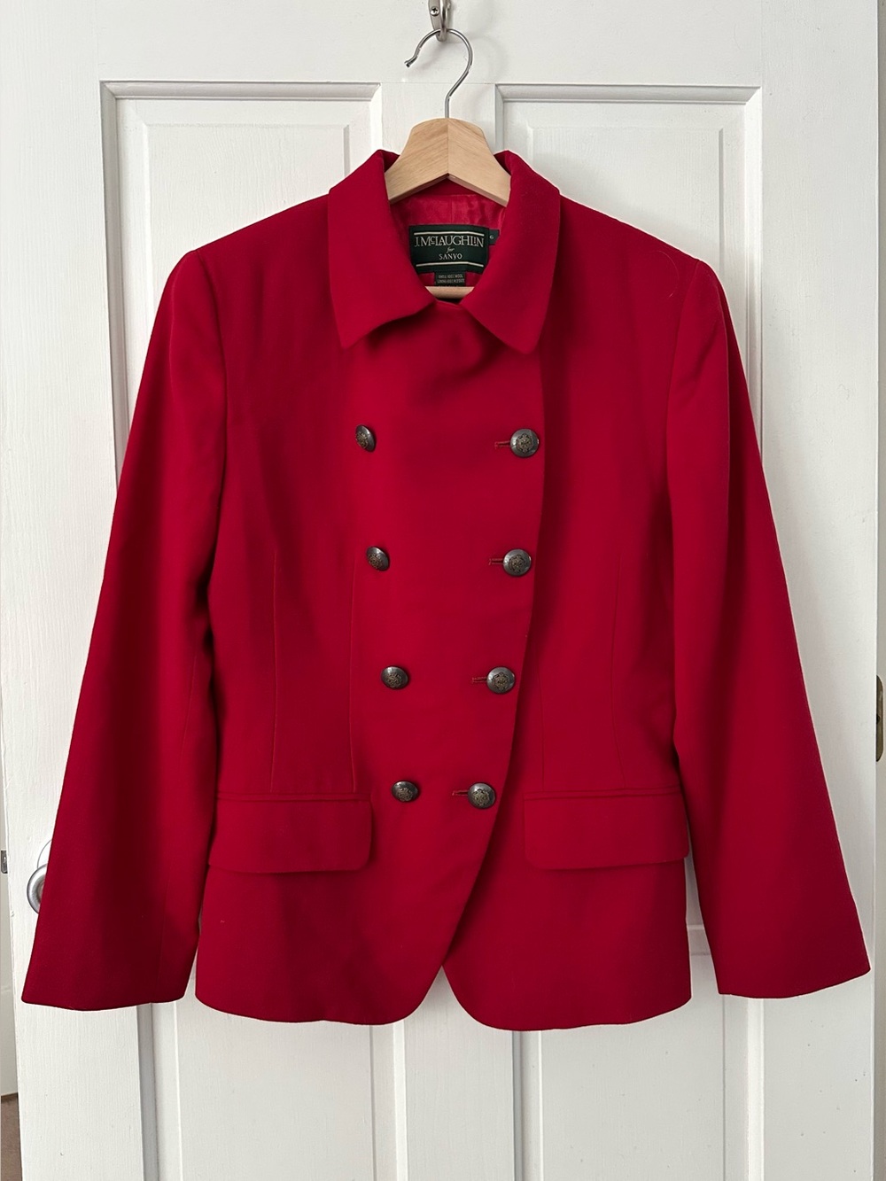 Vintage J McLaughlin For Sanyo Double Breasted Wool Blazer Military Red Size 6